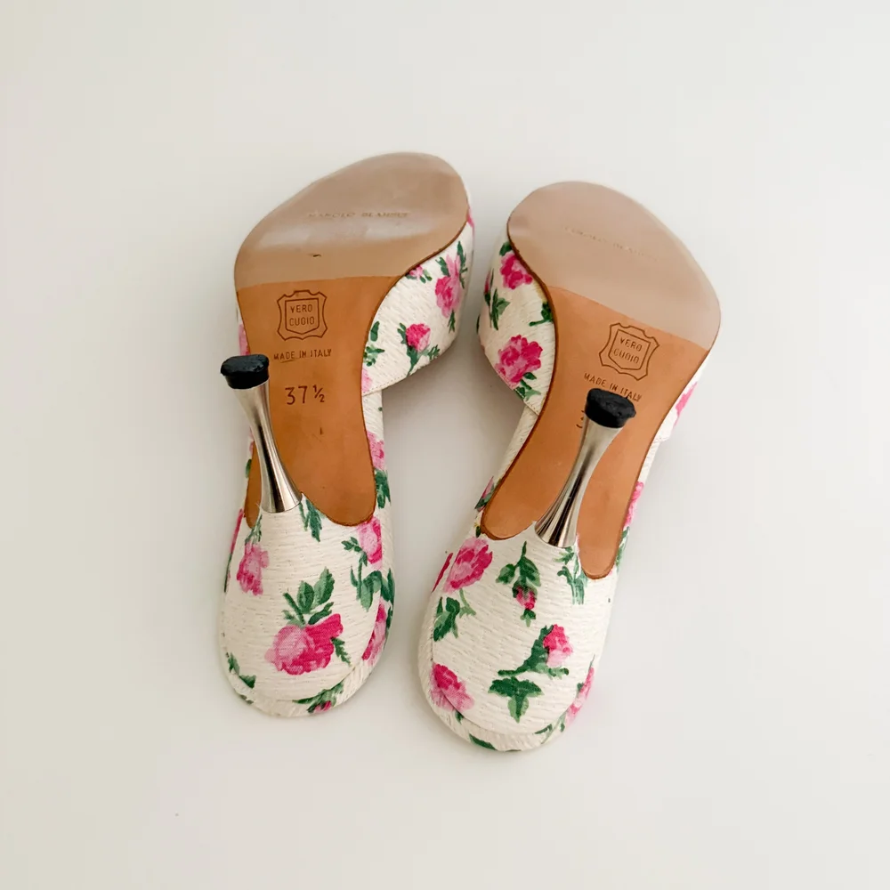 Manolo Blahnik Vintage White, Pink & Green Flower Sandal Heels (US